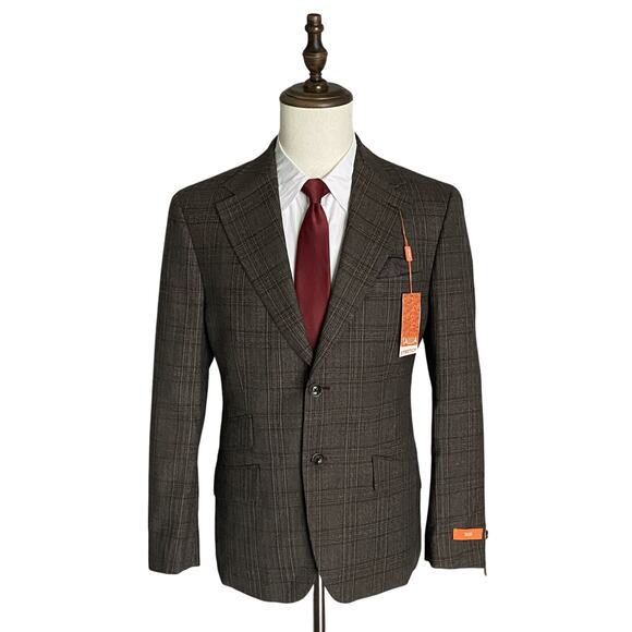 Tallia Suit Jacket Men's 40 Short Wool Blend Stretch Fabric Brown Plaid NEW - Picture 1 of 11